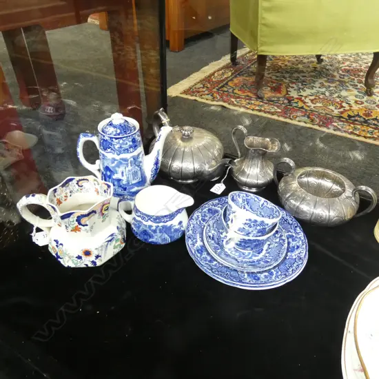 8 PCES B/W 'ABBEY' + MASONS JUG + 3 PCE EP TEA SET