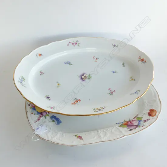 2 LARGE DISHES; COALPORT CHARGER w. FLORAL & MOULDED DECORATION c.1820 + 19thC GERMAN MEISSEN MEAT ASHET...