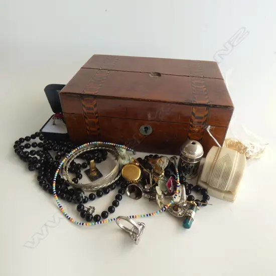 OLD WOODEN INLAID BOX OF ASST JEWELLERY ETC..