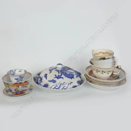 3 19thC C/S + EXTRA CUP + SPODE DRAGON PLATE & LID + R. WORCESTER EGG CUP & SAUCER