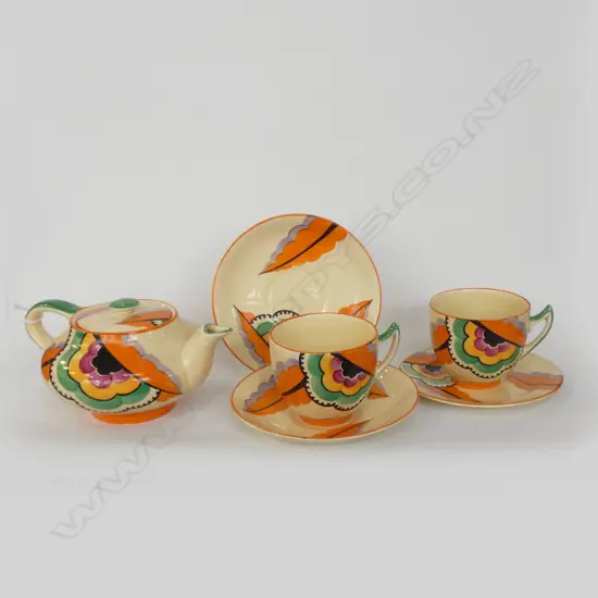 GRAY'S POTTERY HAND PAINTED ART DECO TEA SET; TEAPOT 2 C&S &1 PLATE