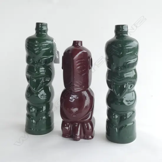 3 CERAMIC TIKI BOTTLES; GREEN PR H.255mm + BROWN H.220mm