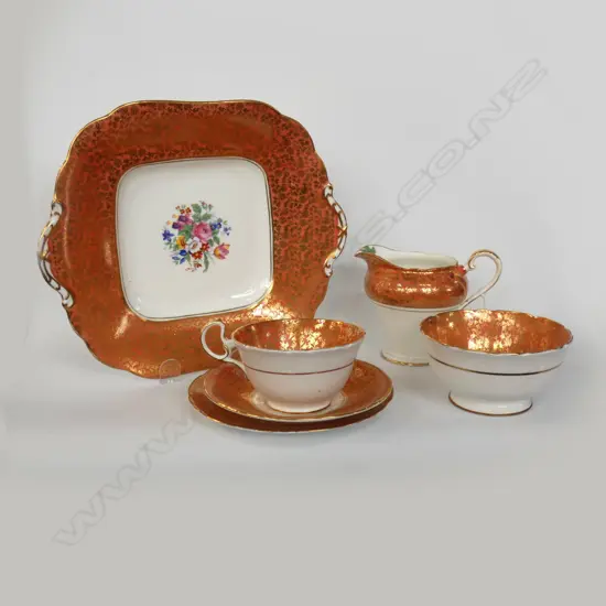 AYNSLEY 6 PCE TEA SET; TRIO / CAKE PLATE / JUG & BOWL