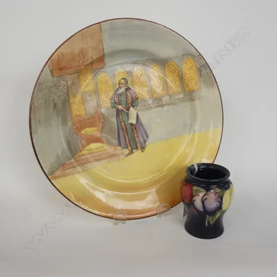 SMALL MOORCROFT VASE )RIM CHIP) & DOULTON 'SHYLOCK' SERIES WARE PLATE