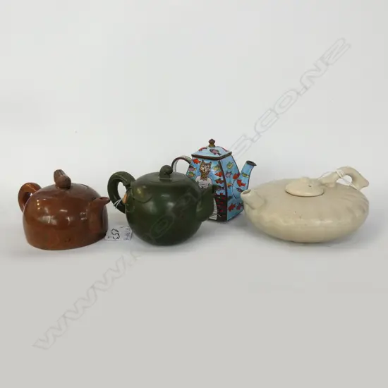 4 ASST SM TEAPOTS INCL ORIENTAL / ENAMEL CAT ETC.. SOME A.F