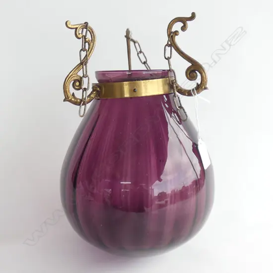 PURPLE GLASS HANGING LIGHT SHADE; TEAR DROP SHAPE w. BRASS BRACKETS H.300mm