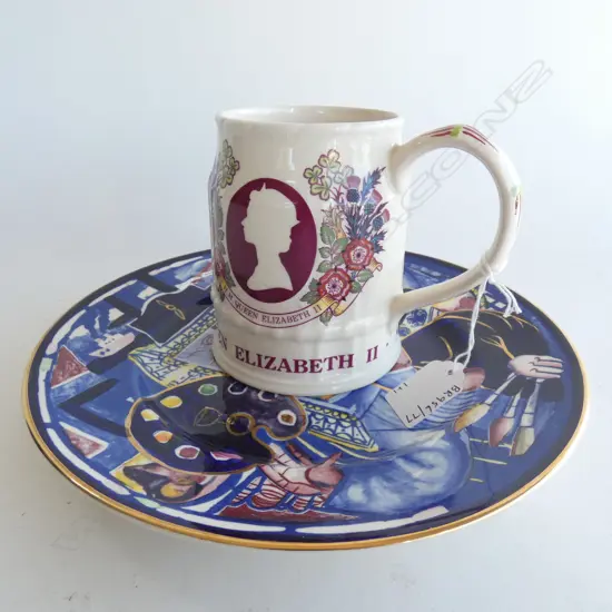 MASONS IRONSTONE MICK ROMLEY PLATE & QEII MUG
