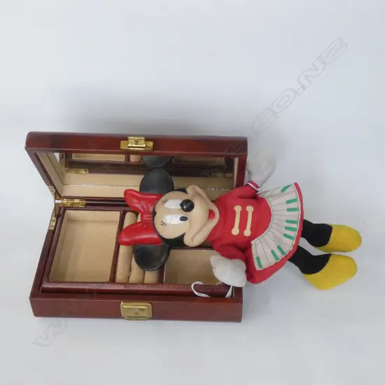 VINTAGE MINNIE MOUSE TOY (L 265mm.) + LEATHERETTE JEWELLERY BOX (225 x 150mm.)