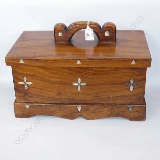 KAURI LIDDED BOX - HAND CARVED FROM 1 PC OF KAURI INLAID WITH MOP  380 x 215mm.