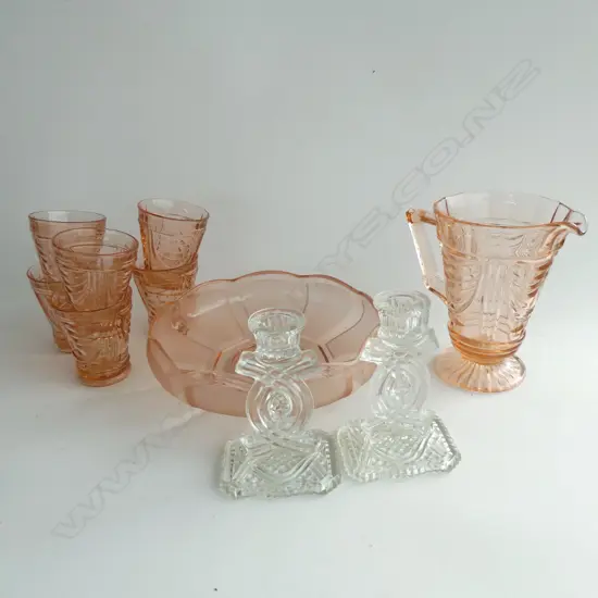 10 PCES DECO PRESSED GLASS; JUG & 6 CUPS, BOWL 255mm dia & PR CANDLESTICKS