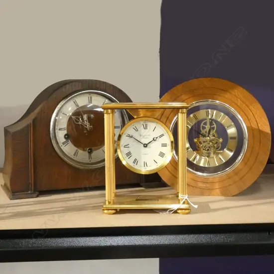 3 CLOCKS; GOLD GARRARD + 2 WOODEN CLOCKS