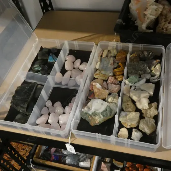 2 BOXES ASST GEMSTONES INCL POLISHED PINK QUARTZ / LABRADORITE ETC.