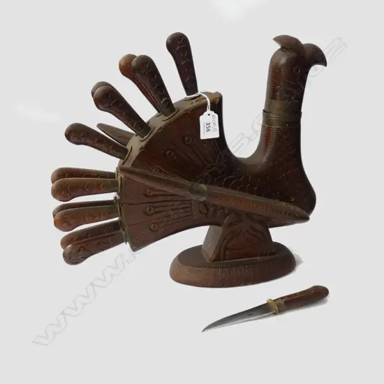 VINTAGE CARVED LEATHER EMBOSSED TURKEY  W 12 SM KNIVES & 3 PC CARVERS