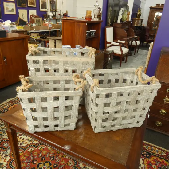 LGE GRADUATED SET OF 3 BASKETS W ROPE HANDLES LARGEST 450 x 335mm.