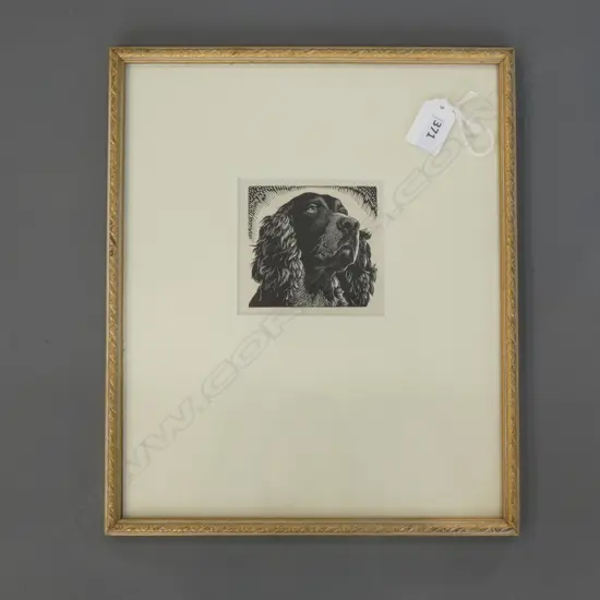 E. MERVYN TAYLOR - WOOD ENGRAVING - SPANIEL H.90 x W. 95mm.