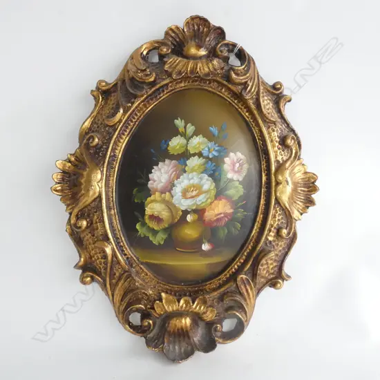 EUROPEAN STILL LIFE, DOMED OVAL, IN GILT FRAME. 370 x 290mm