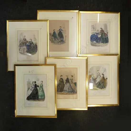6 HAND FINISHED ANTIQUE FRENCH FASHION PRINTS 250 x 170mm
