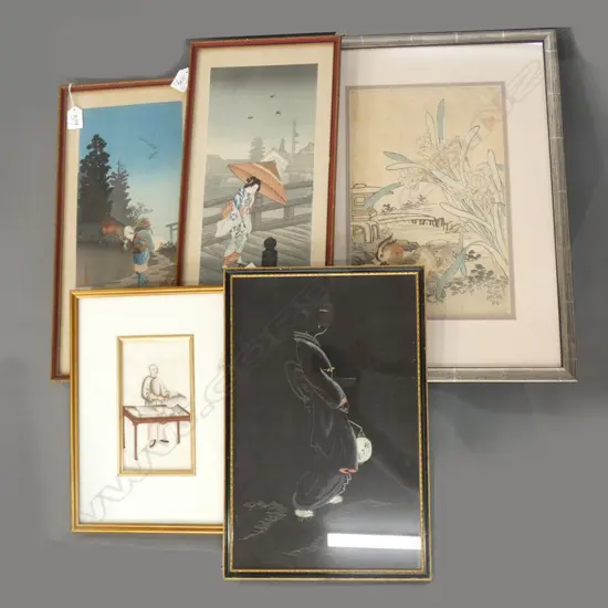5 ORIENTAL ARTWORKS; RICE PAPER W/C 180 x 95mm, INK & W/C BIRDS, 335 x 220mm, EMBROIDERED FIGURE ON BLACK FABRIC, PR PRI