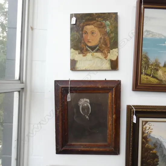 2 ANTIQUE ARTWORKS; GIRL OIL 1914 305 x 255mm + VICTORIAN WOMAN PENCIL ON BROWN PAPER CHALK HIGHLIGHTS