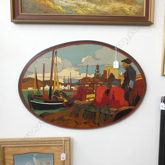 OLD PAINTED WOODEN SHIPPING PORT SCENE WALL HANGING 635 x 450mm.