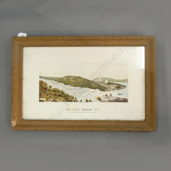 ORIGINAL FRAMED PINK TERRACE ROTOMAHANA LITHOGRAPH 1889 165 x 370mm