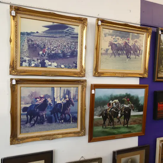 4 ARTWORKS; SIGNED OIL OF 1990 MELBOURNE CUP RACEHORSE 495 x 595mm + 3 PRINTS