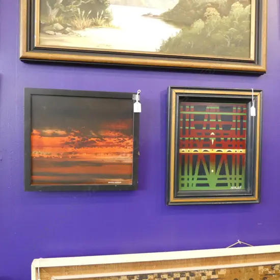 ACRYLIC ON BOARD 'SUNSET' BY MAURICE BROOKES 330 x 300mm + ABSTRACT PAINTING