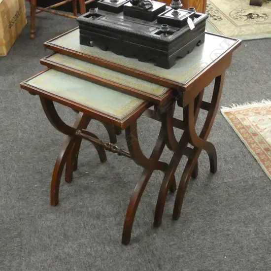 SET OF 3 NEST OF TABLES - WOODEN x BOW LEGS W GREEN LEATHER TOPS LARGEST 560X 400mm.T