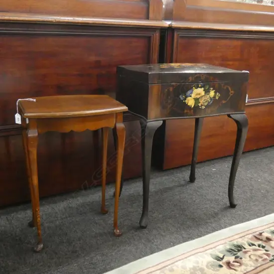 VINTAGE SEWING BOX w. PAINTED FLOWERS, SILK LINED + SIDE TABLE