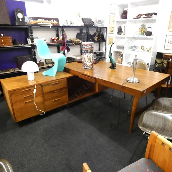 LARGE TEAK L-SHAPED EXECUTIVE DESK & RETURN CREDENZA