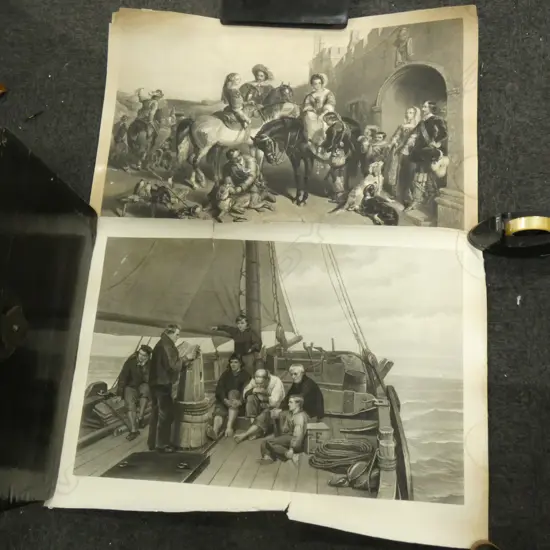 2 LARGE 19th ENGRAVINGS; MEN ON BOAT + NOBILITY ON HORSES