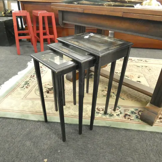 NEST OF 3 GRADUATED FLORAL PAINTED WOODEN GLASS TOP TABLES LARGEST  370 x 310mm.