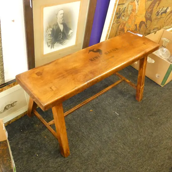 WOODEN ADVERTISING BENCH SEAT 'KIWI BACON' L  910mm.