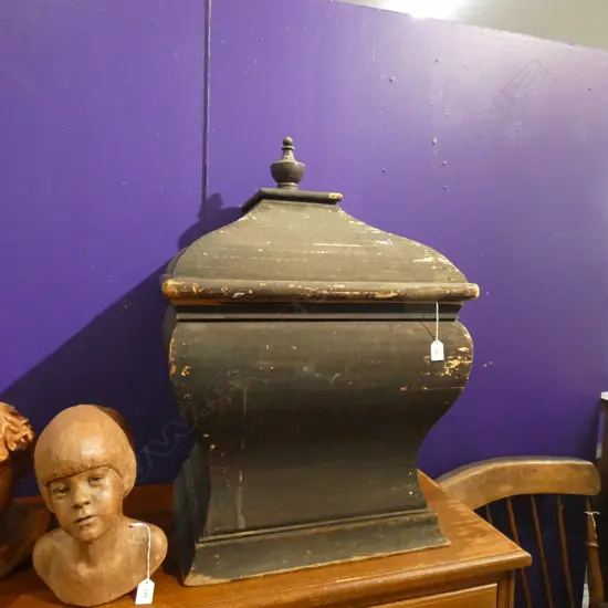 LGE PAINTED WOODEN BOX W TURRET SHAPED  LID 535 x 410 x 470mm.- SOME WEAR