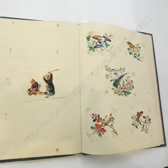 OLD ALBUM HAND PAINTED FLORALS, BIRDS, CHINESE TORTURE ON RICE PAPER