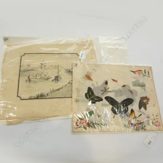 2 EARLY JAPANESE WATER COLOURS (165 x 210mm.) + OLD HAND PAINTED BUTTERFLIES ON RICE PAPER