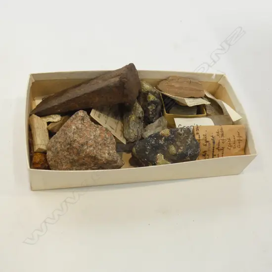 BOX OF SPECIMENS FROM WAIHEKE SCHOOL OF MINES; CRYSTAL, GRANITE ETC + OLD IRON AXEHEAD