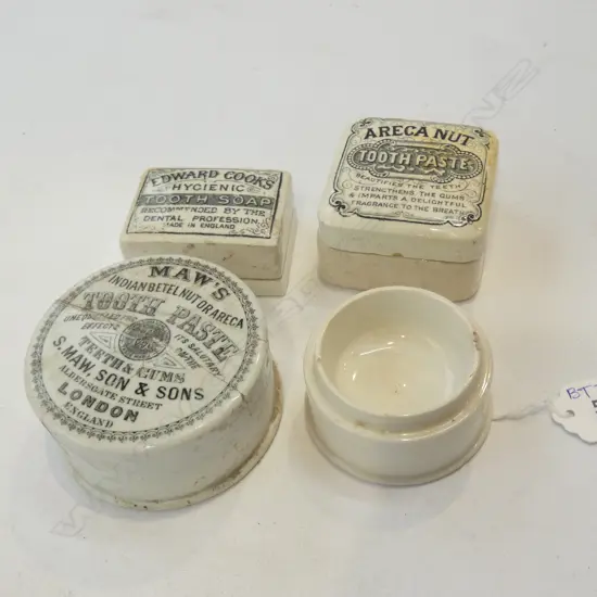 4 ANTIQUE TOOTHPASTE JARS 1 NO LID