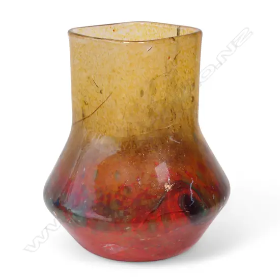 1940s SCOTTISH MONART GLASS VASE, LEMON/ORANGE/GREEN, SQUARE , SOME FAULTS, H.210mm