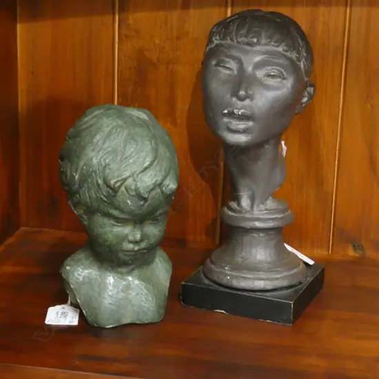 2 SCULPTURES; GREEN TON BORKUS BUST OF GIRL (H 170mm.) + METAL HEAD OF LADY (H 245mm.) A.F