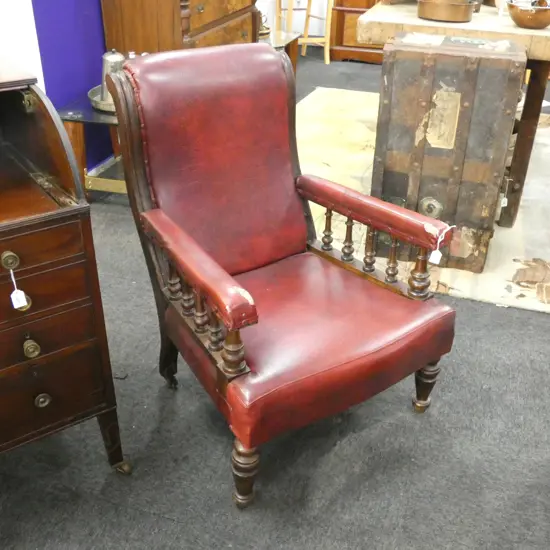 RED VINYL UPHOLSTERED GRAND FATHER CHAIR