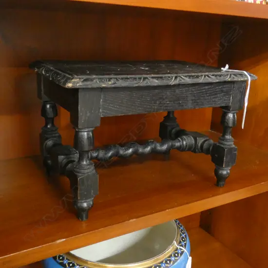 SMALL EBONISED JACOBEAN STYLE STOOL