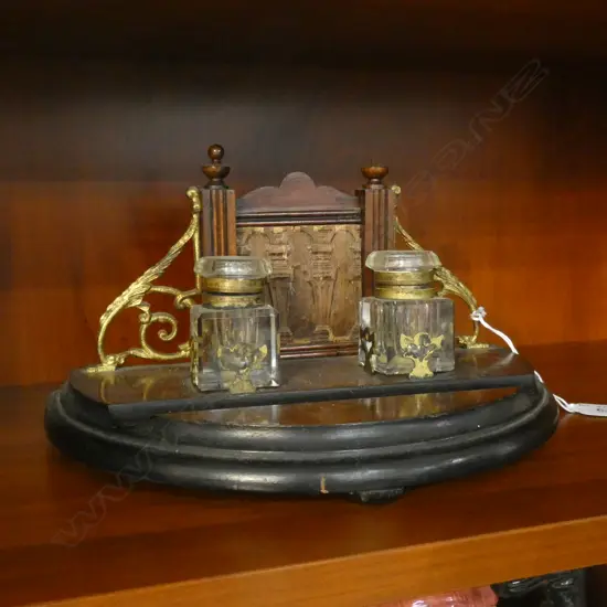 WOODEN INK STAND w. 2 CRYSTAL BOTTLES W.250mm