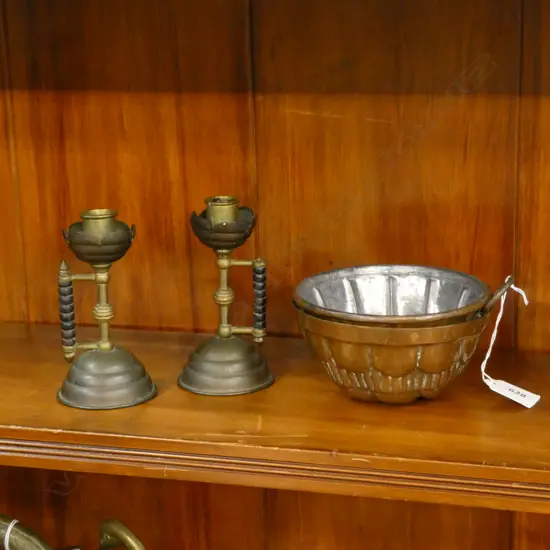 2 SMALL COPPER MOULDS & CANDLESTICKS