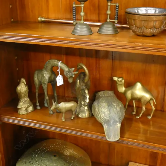 6 BRASS ANIMALS; BIRD, GIRAFFE, CAMEL, OX, EAGLE & OWL H.260mm