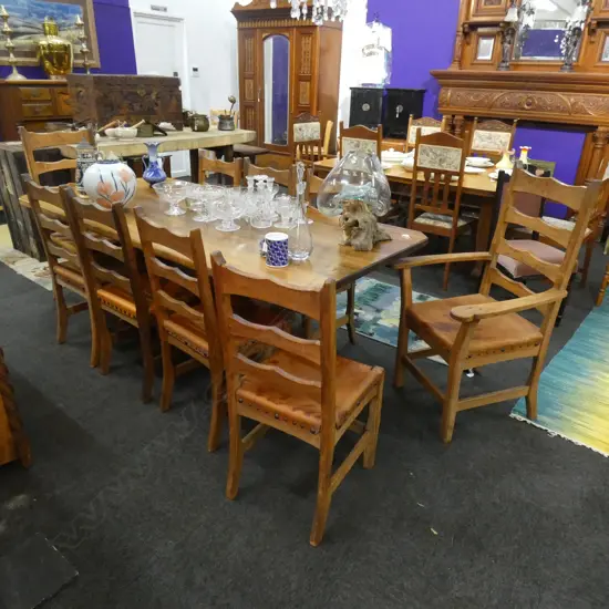 CHAPMAN TAYLOR ADZED RIMU DINING TABLE, 8 SIDE CHAIRS & 2 CARVERS