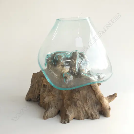 LARGE GLASS VASE MELTED OVER STUMP H.360mm