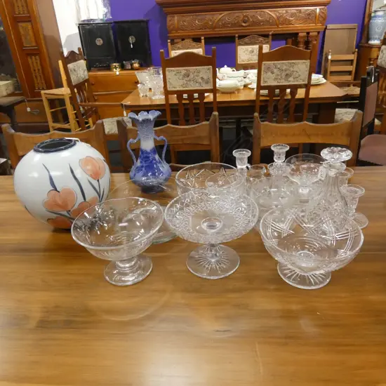 ASST. CRYSAL; BOWLS, COMPORTS, DECANTER AF + 2 CERAMIC VASES