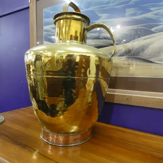 X LGE BRASS & COPPER LIDDED URN APPROX H 600mm.