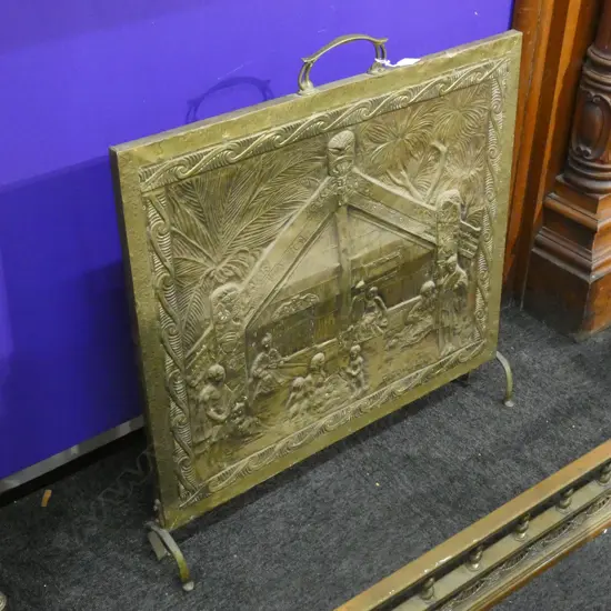 VINTAGE COPPER FIRESCREEN w. MAORI MARAE SCENE 760 x 740mm